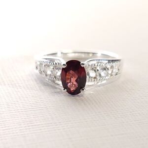 Mozambique Garnet and White Topaz Ring Sterling Silver Size 6